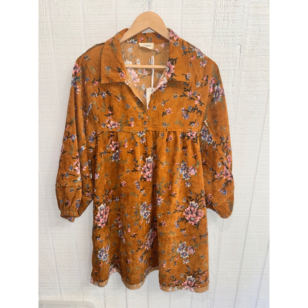 Umgee Babydoll Dress Women Camel Mix Floral Corduroy Long Sleeve Small